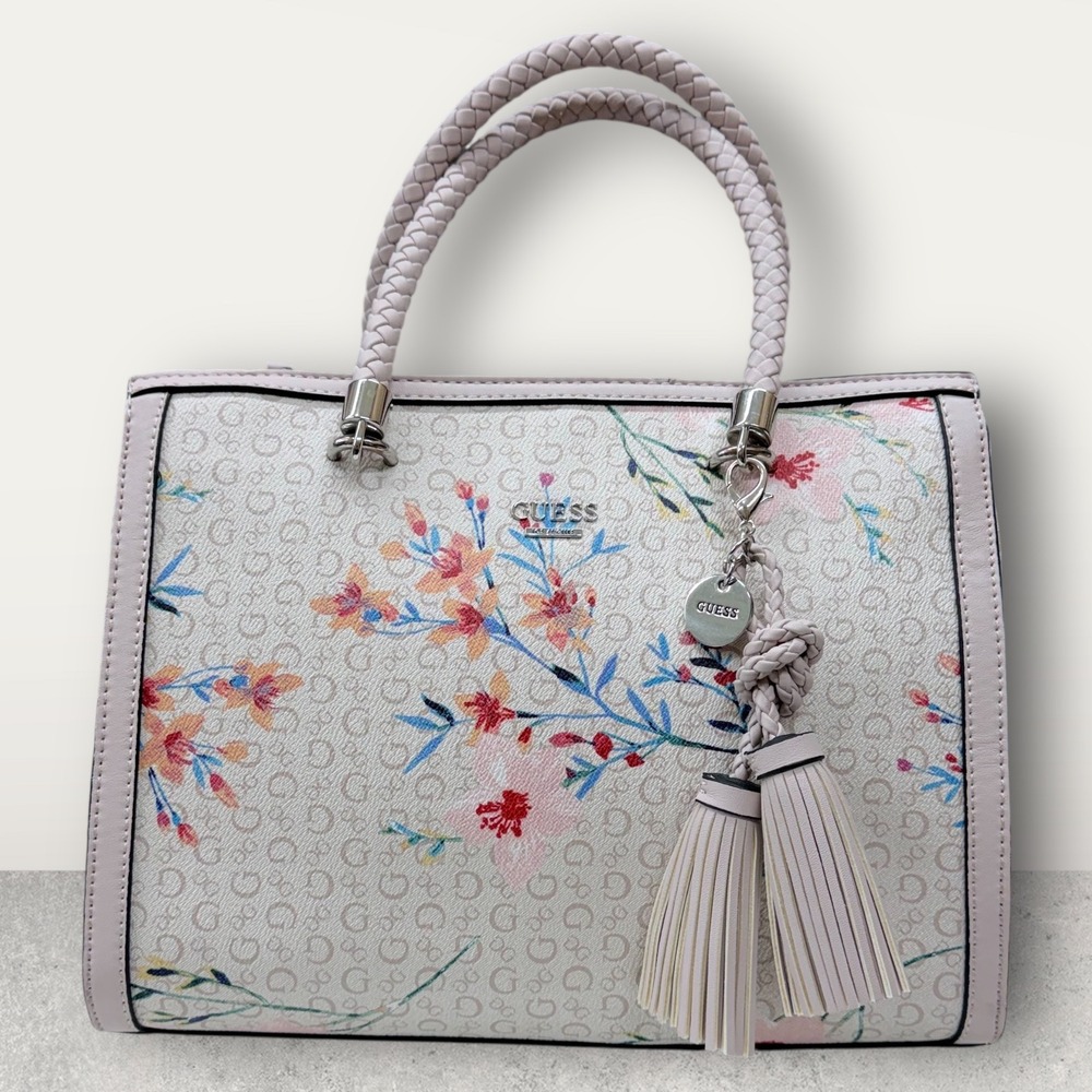 GUESS Floral Monogram Satchel‎ Bag Pink Multi PR681906 Braided Handle Tassel
